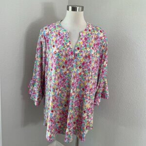 NEW Dear Scarlet Womens XL Floral Bell Sleeve Blouse V Neck Stretch Shirt Top